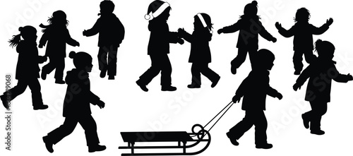 Large group of black silhouettes of diverse children running, walking, and playing outdoors in winter clothes, including a child pulling a sled, depicting cold 