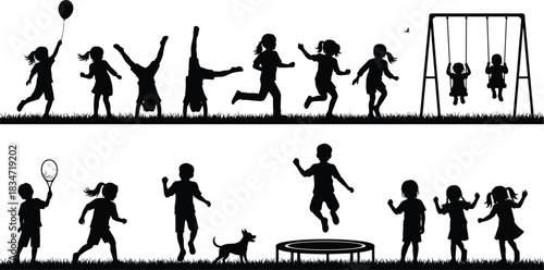 Large set of black silhouettes of active diverse children playing various games outdoors on the grass, including handstands, running, swinging, jumping on a trampoline, 