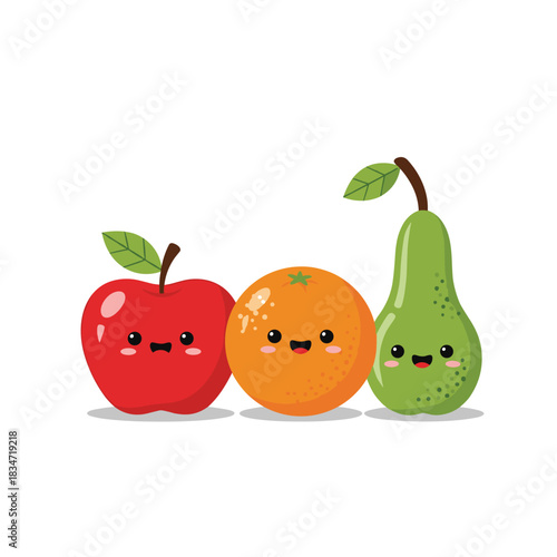 Adorable cartoon apple, orange, and pear with smiling faces and rosy cheeks, standing side-by-side on a white background.