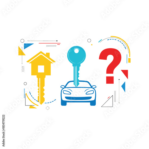 Conceptual illustration of the significant life decision between purchasing a home or a car, symbolized by their keys and a prominent question mark.