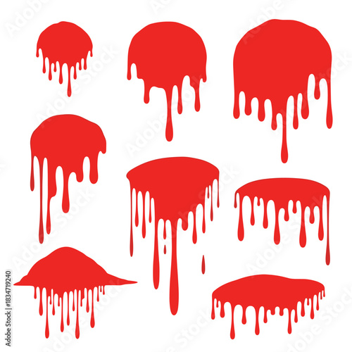 Collection of vibrant red liquid drips and splatters, ideal for creating intense, spooky, or artistic graphic effects.