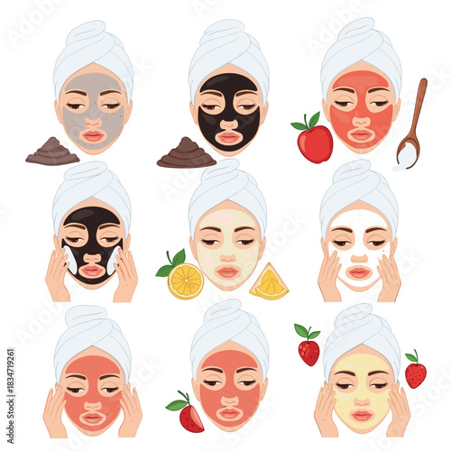 A collection of illustrations showing women applying various natural ingredient facial masks as part of their beauty and skincare routine at home.