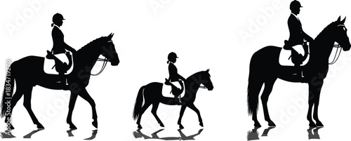 Three black silhouettes of riders on horses, including a woman, a child, and a man, depicting equestrian sports, riding lessons, dressage, and various horse 