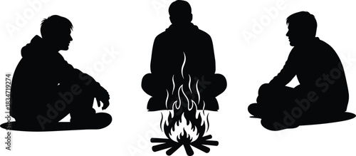 Three black silhouettes of men sitting around a glowing campfire in a profile and back view, depicting concepts of camping, hiking, friendship, outdoor leisure, relaxation, 