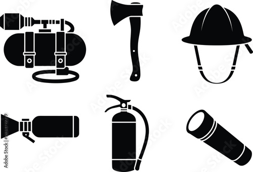 Set of fire safety equipment silhouettes, firefighter tools vector collection for emergency response, rescue service, protection gear, isolated on white