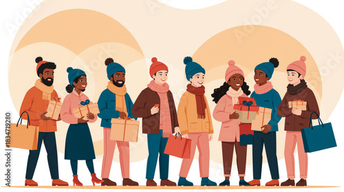 Diverse group of people in winter clothing waiting in line