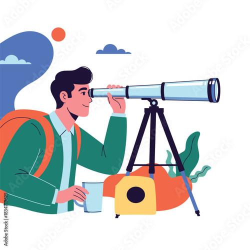 A man with a backpack looks through a telescope, representing future vision, scientific discovery, and outdoor exploration.