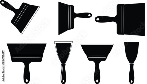 Set of paint scraper and putty knife silhouettes, construction tools vector collection for renovation, repair, wall preparation, isolated on white