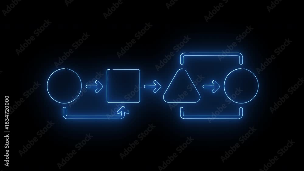 Neon geometric workflow diagram showing circle, arrow, triangle and ...