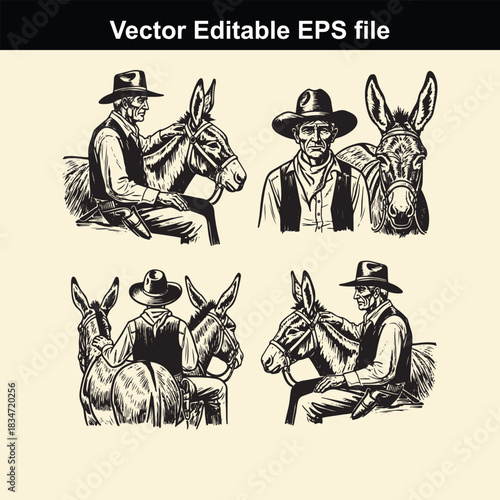 collection of four vintage vector illustrations depicting cowboys or ranchers sitting on or posing with donkeys or mules in a detailed black and white engraving style