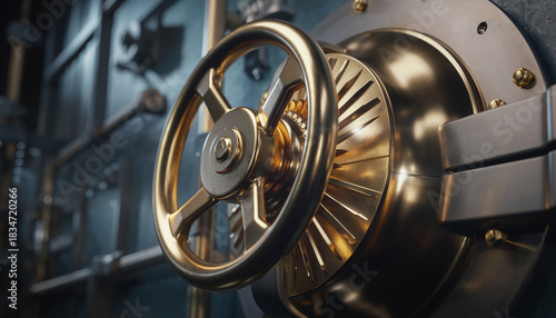 A close-up view of a golden vault door handle, emphasizing security and financial strength within a secure banking environment.