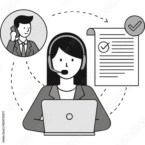Customer service representative wearing headset with laptop and document with checklist and caller on phone in monochrome cartoon style