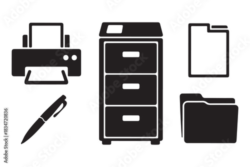  Office supplies silhouette icons including a printer filing cabinet pen and documents