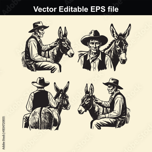 vector editable eps file showing four different poses of a cowboy sitting with his donkey or burro in a vintage black and white illustration style