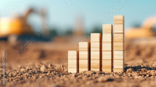 A wooden bar chart stands on a dirt surface, symbolizing growth and progress, with construction machinery blurred in the background.