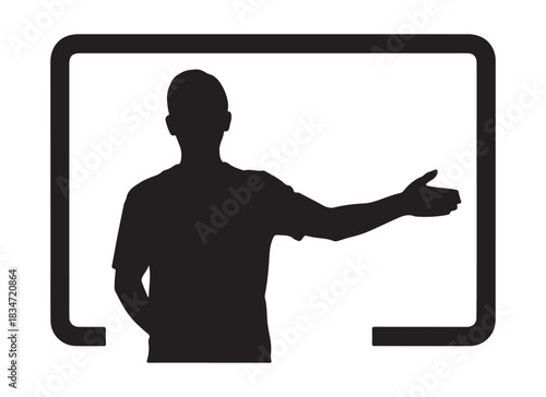  Silhouette of a man gesturing towards a blank screen or whiteboard in a presentation setting