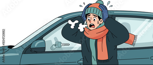 Driver forgot keys inside locked car looking panicked in winter snow editable layered vector illustration