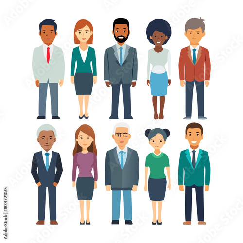 Business people. Set of multiethnic men and women of different ages and races in office attire on a white background