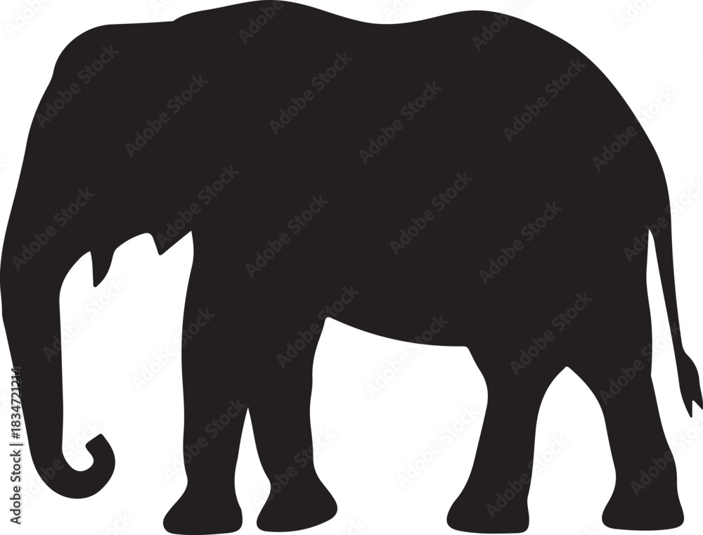 Fototapeta premium Elephant silhouette, bold black shape, clean edges, minimal style, centered composition white background clipart