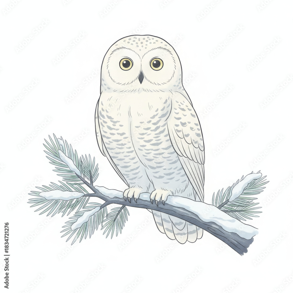 Fototapeta premium Serene snowy owl, captivating arctic bird, calmly perches snow covered winter branch. Watchful eyes express tranquil, peaceful demeanor amidst quiet nature and crisp cold environment