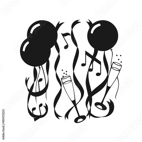 Minimalist New Year Celebration Party Elements Icon - Black Silhouette Vector