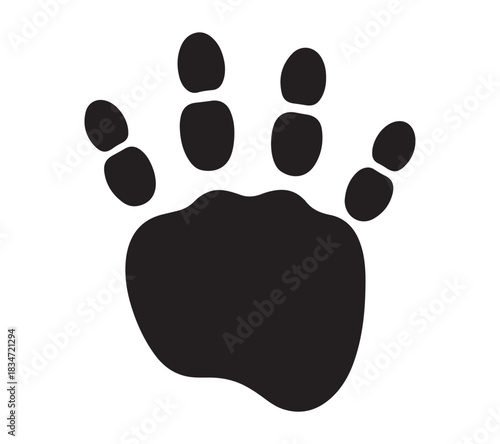  Black silhouette of a single animal paw print with five distinct toes on a white background