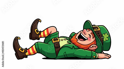 Lucky Leprechaun in Green Costume Laughing While Lying Down on Saint Patrick's Day
