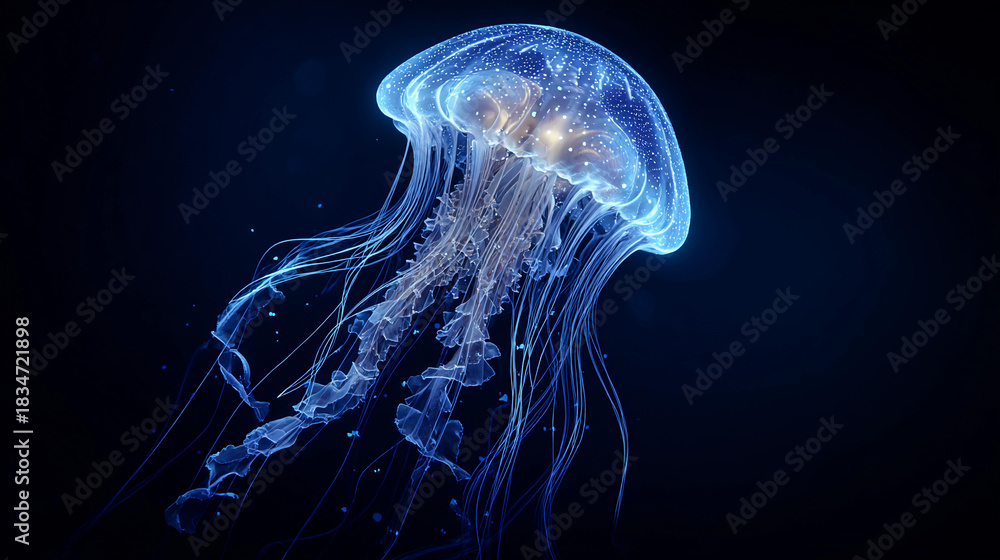 Obraz premium Colorful jellyfish swims in dark water at nighttime