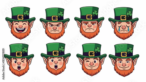 Collection of Cartoon Leprechaun Faces with Various Emotions for St