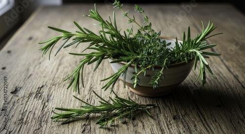 Fresh Rosemary and Thyme in Rustic Ceramic Bowl on Textured Wooden Table, Perfect for Culinary Use and Aromatic Seasoning
