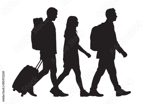  Three people walking with luggage and backpacks in silhouette style