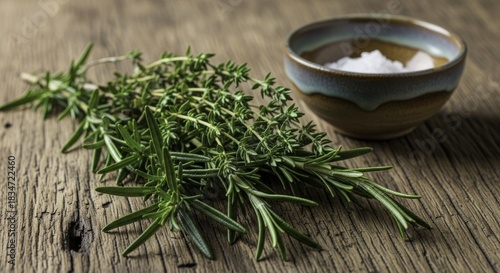 Fresh Rosemary and Thyme Herbs with Sea Salt in a Rustic Ceramic Bowl on a Textured Wooden Table