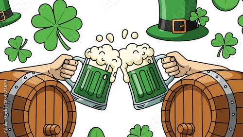 A festive toast with green beer mugs on wooden barrels for Saint Patrick's Day, surrounded by shamrocks and leprechaun hats