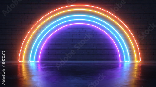 Neon lights create a rainbow on a dark wall with wet surface