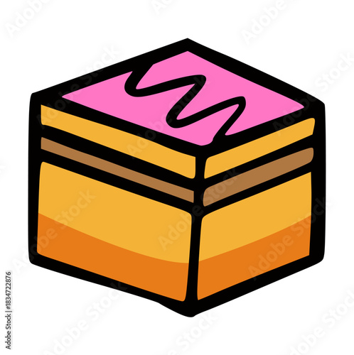 Hand Drawn Pink Iced Layer Cake Vector Illustration. Sweet Dessert for Bakery Menu, Party, Birthday, and Festive Celebration, Minimalist Doodle Style