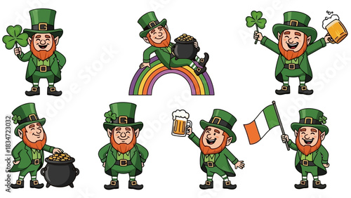 Collection of cheerful Leprechauns in various poses and situations, celebrating Saint Patrick's Day