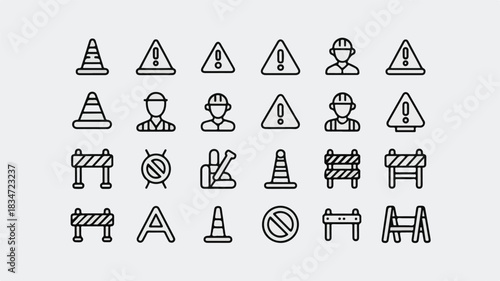Set of construction and warning icons with traffic cones barriers and workers Keywords: construction, warning, traffic cone, barrier, worker, safety, caution, alert, danger