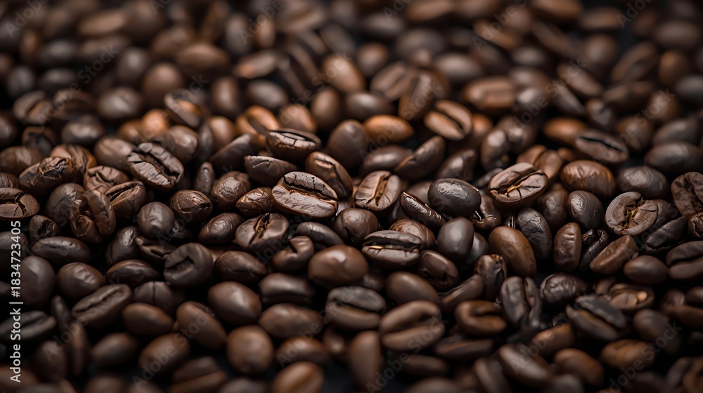 Fototapeta premium Dark roasted coffee beans scattered beautifully across the screen, with deep browns and rich tans, showcasing their unique textures and shapes.