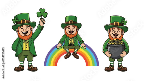 A charming collection of cheerful cartoon leprechauns celebrating the spirit of Irish luck, featuring shamrocks, vibrant rainbows, and precious pots of gold