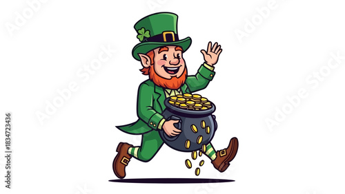 Happy leprechaun character running and waving with a pot full of gold coins, celebrating St