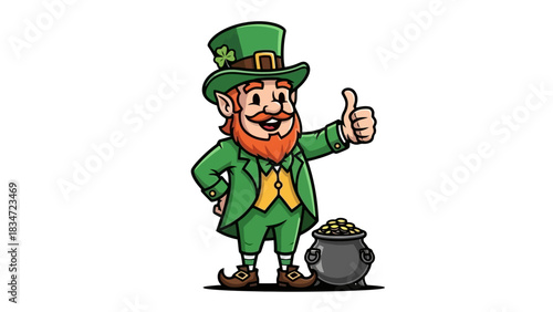 Charming leprechaun mascot offers a cheerful thumbs-up gesture, embodying good fortune and celebration for festive Irish themes and success