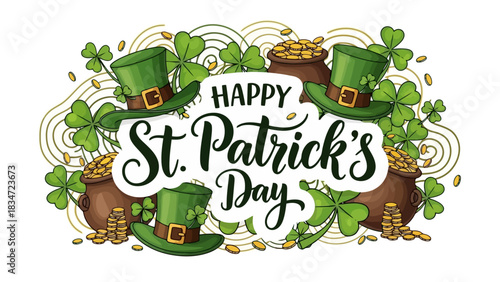 An illustrated celebration banner for St. Patrick's Day featuring festive calligraphy, lucky shamrocks, and leprechaun hats with pots of gold