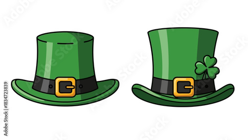 St Patrick's Day Icon Set Two Green Leprechaun Hats with Gold Buckles and Clover Accents