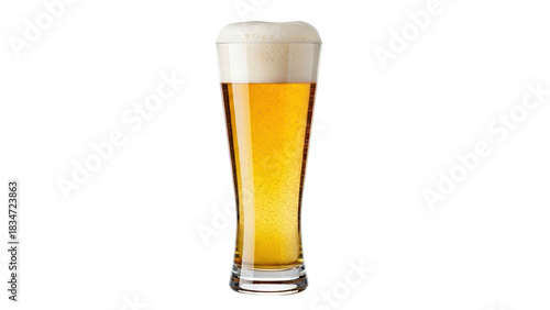 Tall glass of golden lager beer with frothy white head isolated on black