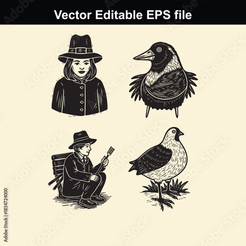 vector editable eps file featuring black and white engraved style illustrations of a woman in a hat, a man sitting with a brush, and two different bird depictions