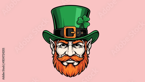 Vivid illustration of a classic leprechaun's head, sporting a bright green top hat with a lucky shamrock, capturing the festive spirit of St. Patrick's Day
