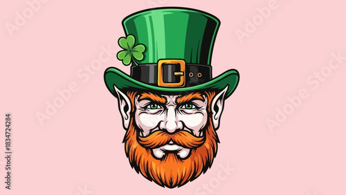 Whimsical Illustration of a Traditional Irish Leprechaun Character with a Green Top Hat and Vibrant Red Beard, Perfect for St