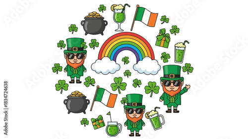 Saint Patrick's Day Irish Celebration with Leprechauns, Rainbows, and Pot of Gold Icons