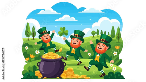 Whimsical illustration of happy leprechauns dancing amidst a bounty of gold coins and clover, embodying the spirit of Irish festivities and good fortune