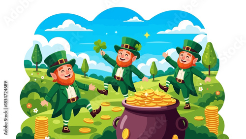 Three cheerful leprechauns celebrating with a pot of gleaming gold coins amidst rolling green hills, embodying the festive spirit of good fortune and Irish folklore